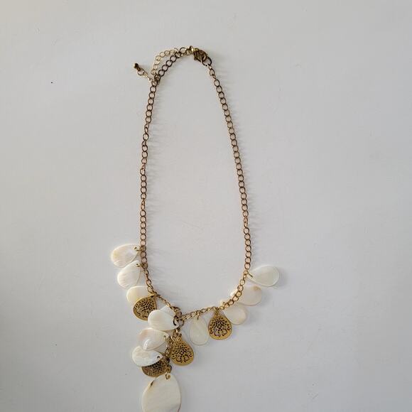 Boho Shell and Gold Tone Necklace with Teardrop Charms Statement Beach Jewelry - Picture 3 of 10